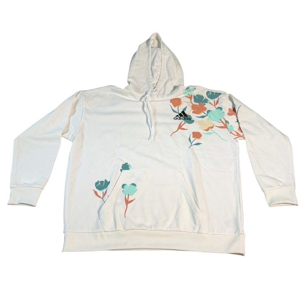 Adidas Floral Hoodie Womens XL White‎ Primegreen Pullover Sweatshirt Graphic